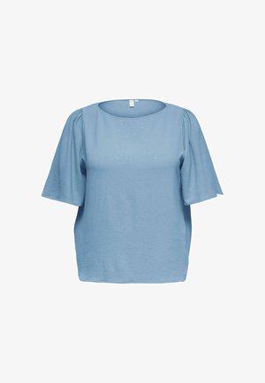 Gaiši zila teksturēta blūze ar īsām piedurknēm, apaļu kakla izgriezumu un viegli izplatītām piedurknēm uz balta fona.