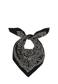 Czarna chustka w białe wzory paisley, w kształcie trójkąta, jedwabista w dotyku, z węzłem na górze, tworzącym pętlę.