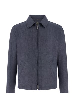 Men’s dark gray zip-up jacket with a collar and two front angled pockets, displayed on a white background.