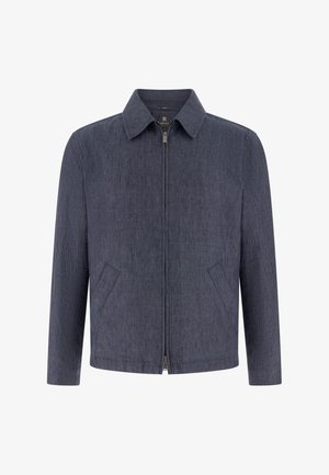 Veste zippée gris foncé pour hommes avec col et deux poches avant inclinées, présentée sur fond blanc.