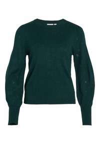 Maglione lavorato a maglia verde scuro con scollatura arrotondata, maniche lunghe a sbuffo e delicati dettagli a motivo sulle maniche. Polsi e orlo a coste.