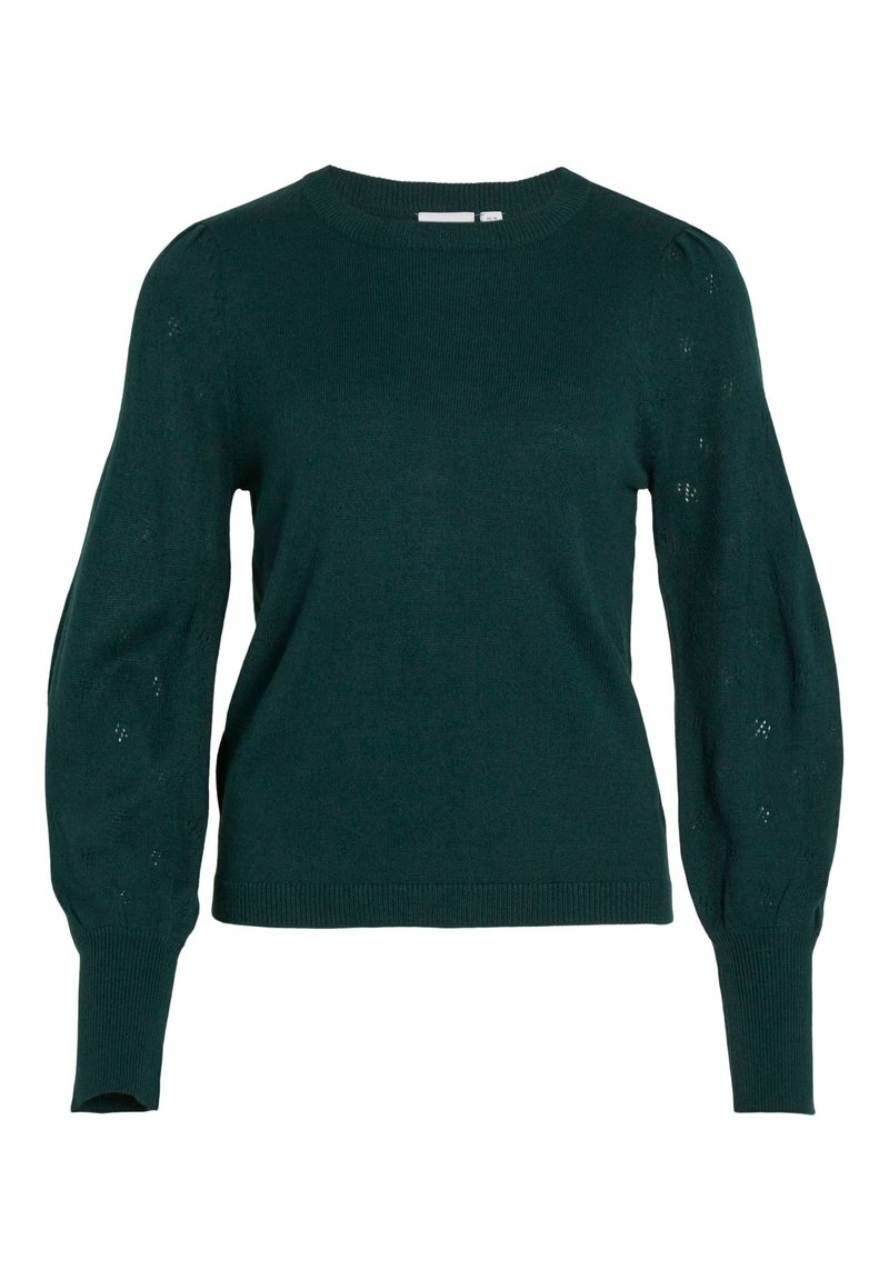 Maglione lavorato a maglia verde scuro con scollatura arrotondata, maniche lunghe a sbuffo e delicati dettagli a motivo sulle maniche. Polsi e orlo a coste.