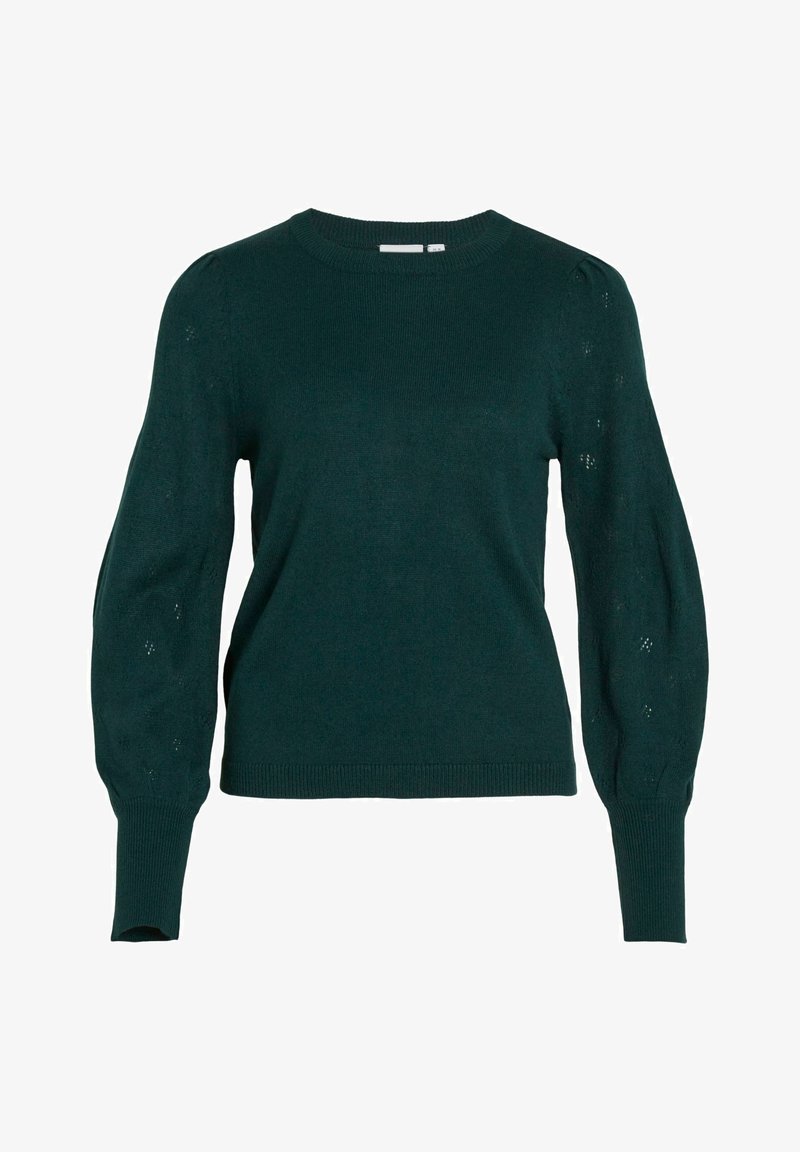 Maglione lavorato a maglia verde scuro con scollatura arrotondata, maniche lunghe a sbuffo e delicati dettagli a motivo sulle maniche. Polsi e orlo a coste.