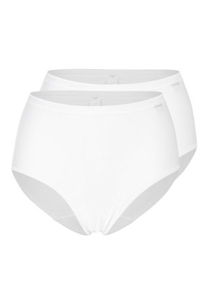 Zwei schlichte weiße Slips mit hoher Taille, frontal gezeigt, betonen vollständige Abdeckung und glattes Stoffdesign.