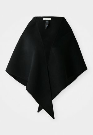 Black woolen wrap with an angular design, featuring draped fabric that tapers to a point. Labels are visible at the back neck area.