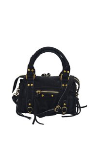 Sac à main en suède noir avec deux anses supérieures, en métal doré, poche zippée et clous décoratifs. Dispose d'une bandoulière amovible.