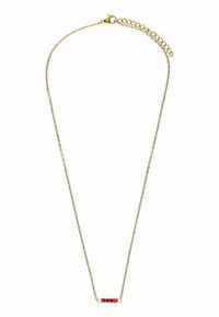 Gouden ketting met een horizontale staaf versierd met vijf roze edelstenen, een gladde afwerking, delicate schakels en een verstelbare lengte.