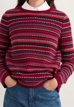 Osoba nosząca kolorowy sweter w czerwone, pomarańczowe, granatowe i fioletowe wzory na białej koszuli z kołnierzykiem, z rękami w kieszeniach niebieskich dżinsów.