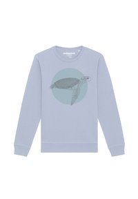 Lichtblauw sweatshirt met een ronde hals, voorzien van een grafisch ontwerp van een schildpad op een cirkelvormige teal achtergrond. Gemaakt van zacht, textuurstof.