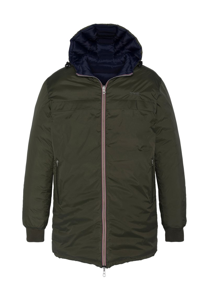 Parka marron foncé isolée, avec une fermeture éclair à l'avant, des poignets côtelés et une doublure intérieure bleue avec des détails de couture visibles.