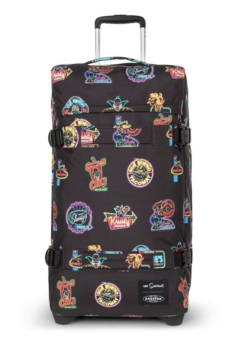 Schwarzer Rollkoffer mit Cartoon-Logos und bunten Beschriftungsmustern, ausgestattet mit einem ausziehbaren Griff und verstellbaren Riemen. Strapazierfähiges Material.