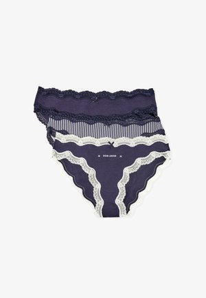 Marineblaue Baumwollslips mit Spitzenbesatz, mit gestreiftem Design und dem Text "DOG LOVER" in Weiß. Mit dekorativen Schleifen versehen.