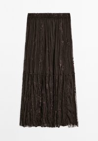 Black, pleated maxi skirt made of lightweight fabric with a textured finish and subtle floral embroidery. Elastic waistband for comfort.
