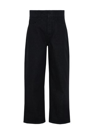 Jean noir taille haute à jambes larges avec passants de ceinture, poches avant et fermeture par bouton et zip.