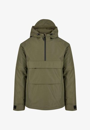 Olivenfarget, vanntett jakke med høy krage, justerbar hette, frontlås og borrelåsmanchetter. Har en horisontal brystlomme.
