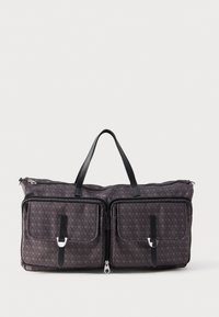 Dark gray patterned duffle bag with two front pockets secured by black leather straps and silver buckles, and black leather handles.