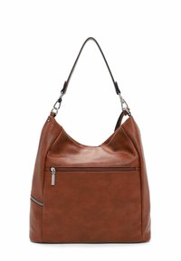 Sac hobo en cuir marron avec une texture lisse, une bandoulière unique et une poche à zip à l'avant pour un rangement supplémentaire.