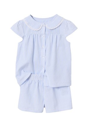 Short-sleeve blue and white striped toddler pajama set with button-up top featuring a lace-trimmed Peter Pan collar and elastic waist shorts.