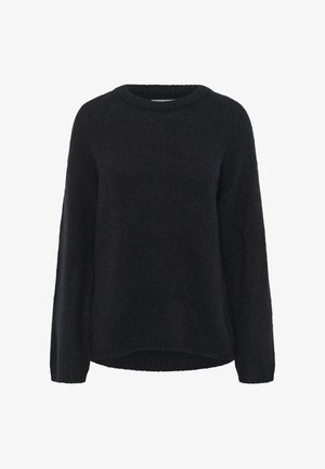 Pull en maille noir avec un col rond, des manches longues et une coupe ample. Il présente un tissu texturé et un ourlet légèrement courbé.