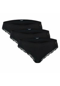 Schwarze Baumwollpanties mit Spitzenbesatz, mit glatter Textur und geschwungener Form. Drei Stück mit sichtbaren Markenetiketten dargestellt.