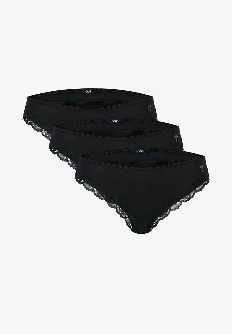 Schwarze Baumwollpanties mit Spitzenbesatz, mit glatter Textur und geschwungener Form. Drei Stück mit sichtbaren Markenetiketten dargestellt.