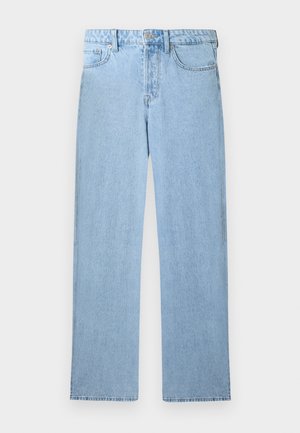 Jeans in denim azzurro chiaro a vita alta con gamba dritta, chiusura con bottone frontale, zip e design a cinque tasche su sfondo bianco.