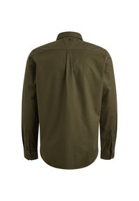 Camicia a maniche lunghe verde oliva con colletto a bottone, piega sul retro e polsini con bottoni. Realizzata in tessuto liscio e intrecciato.
