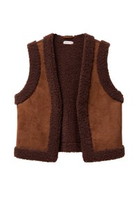 Chaleco sin mangas marrón con una suave tela texturizada y un forro de felpa similar al de la piel. Diseño de frente abierto sin cierres.