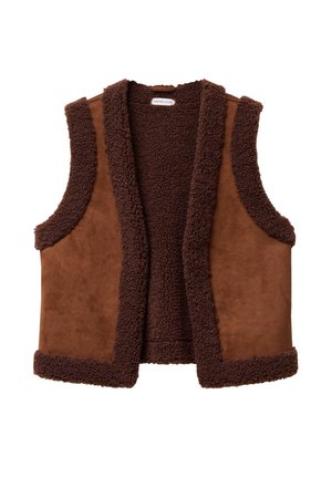Brown sleeveless vest featuring a soft, textured fabric with plush, fur-like lining and trim. Open front design with no fastenings.