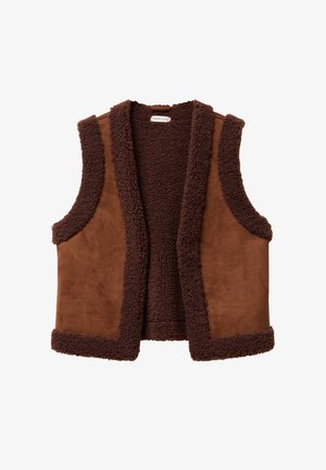 Braun ärmellose Weste aus einem weichen, strukturierten Stoff mit plüschiger, fellartiger Fütterung und Besatz. Offenes Frontdesign ohne Verschlüsse.