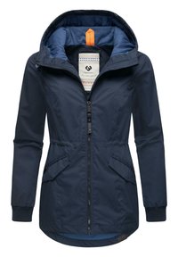 Tamsiai mėlynas švarkas su užtrauktuku priekyje, reguliuojama kapišonu, elastiniais rankogaliais, dviem priekinėmis kišenėmis ir raštuota vidine pamušalu.