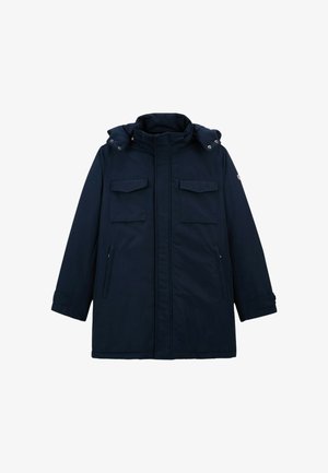 Parka isolée navy avec un col haut, deux poches poitrine, deux poches latérales et une capuche amovible. Dispose d'une fermeture éclair et de pressions.