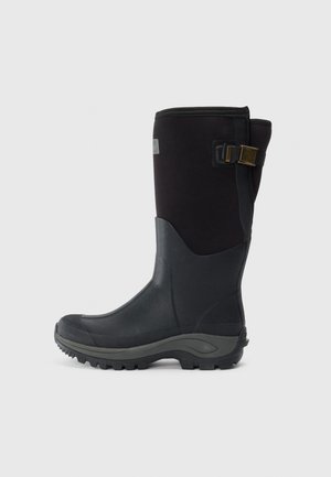 Black waterproof rubber boots with a textured finish, featuring a flexible shaft, a buckle strap, and a sturdy, gripped sole.
