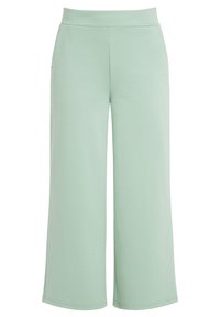 Ljust gröna högmidjade vida byxor med en slät midja och sidofickor, designade för avslappnad eller hemmabruk.