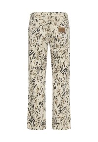 Krémové nohavice s čiernym a hnedým abstraktným leopardím vzorom, rovné nohavice, dve zadné vrecká a vyšitá kožená značka.