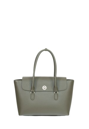 Borsa tote in pelle verde oliva con doppi manici e una chiusura circolare argentata sulla patta frontale.