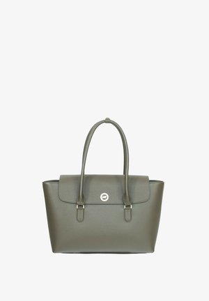 Sac cabas en cuir vert olive avec double poignée et une fermeture circulaire argentée sur le rabat avant.