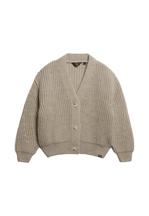 Gruby sweter w kolorze beżowym z trzema guzikami, dekoltem w kształcie V, prążkowanymi mankietami i dołem, o lekko oversize'owym kroju.