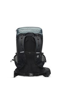 Schwarzer Outdoor-Rucksack mit grauem Oberteil, strukturiertem Gewebe, verstellbaren Trägern, Netzrückenpaneel und Seitentaschen für zusätzlichen Stauraum.
