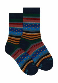 Calze a righe caratterizzate da molteplici colori: blu navy, verde, rosso, arancione e blu con motivi di pois e righe orizzontali, realizzate in materiale misto cotone.