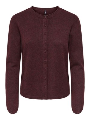 Dark red long-sleeve button-up cardigan with round neckline and ribbed cuffs, displayed flat against a white background.