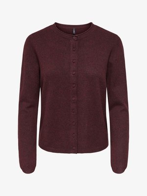 Tmavá červená kardigánová blúzka s dlhými rukávmi, zapínaná na gombíky, s okrúhlym výstrihom a rebrovanými manžetami, zobrazená položene plochá na bielom pozadí.