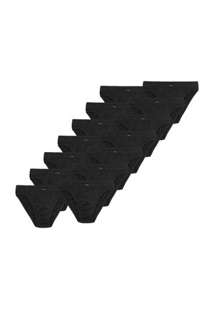 Schwarze Baumwollslips in einem versetzten Muster angeordnet. Jeder verfügt über einen weichen elastischen Bund und eine glatte Oberfläche. Zehn Stück ausgestellt.