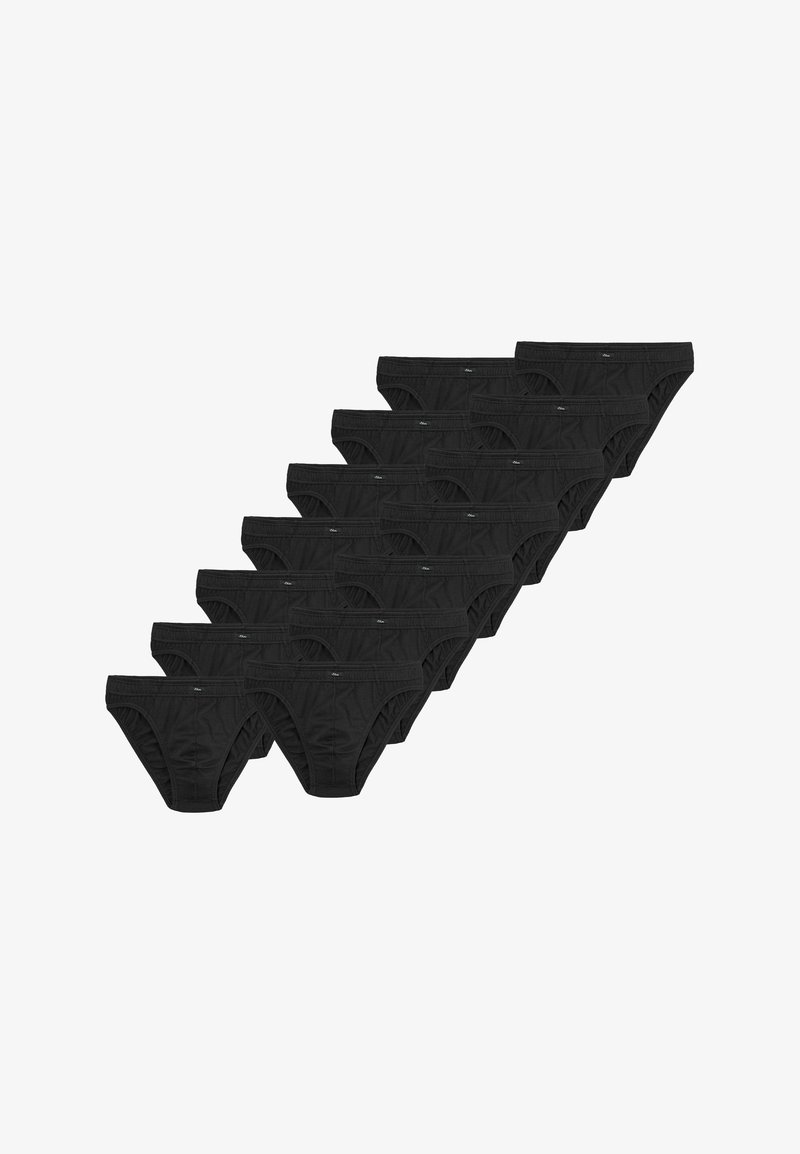 Schwarze Baumwollslips in einem versetzten Muster angeordnet. Jeder verfügt über einen weichen elastischen Bund und eine glatte Oberfläche. Zehn Stück ausgestellt.