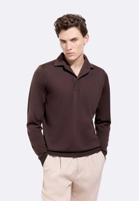 Polo shirt marrone a maniche lunghe con colletto e vestibilità rilassata. Il tessuto è liscio, con una sottile texture e un design elegante.
