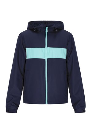 Navy windbreaker jack met een turquoise horizontale streep, volledige ritssluiting aan de voorkant, verstelbare capuchon en twee zijzakken. Glad oppervlak.