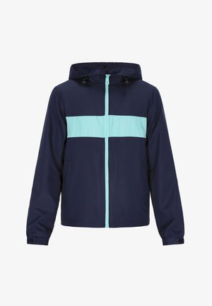 Tengerészkék szélálló dzseki türkiz színű vízszintes csíkkal, teljes cipzárral, állítható kapucnival és két oldalsó zsebbel. Simább textúra.