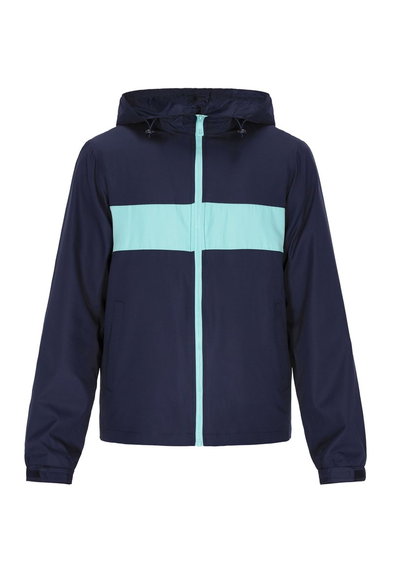 Marinblå vindjacka med en turkos horisontell rand, hel dragkedja framtill, justerbar huva och två sidofickor. Slät textur.