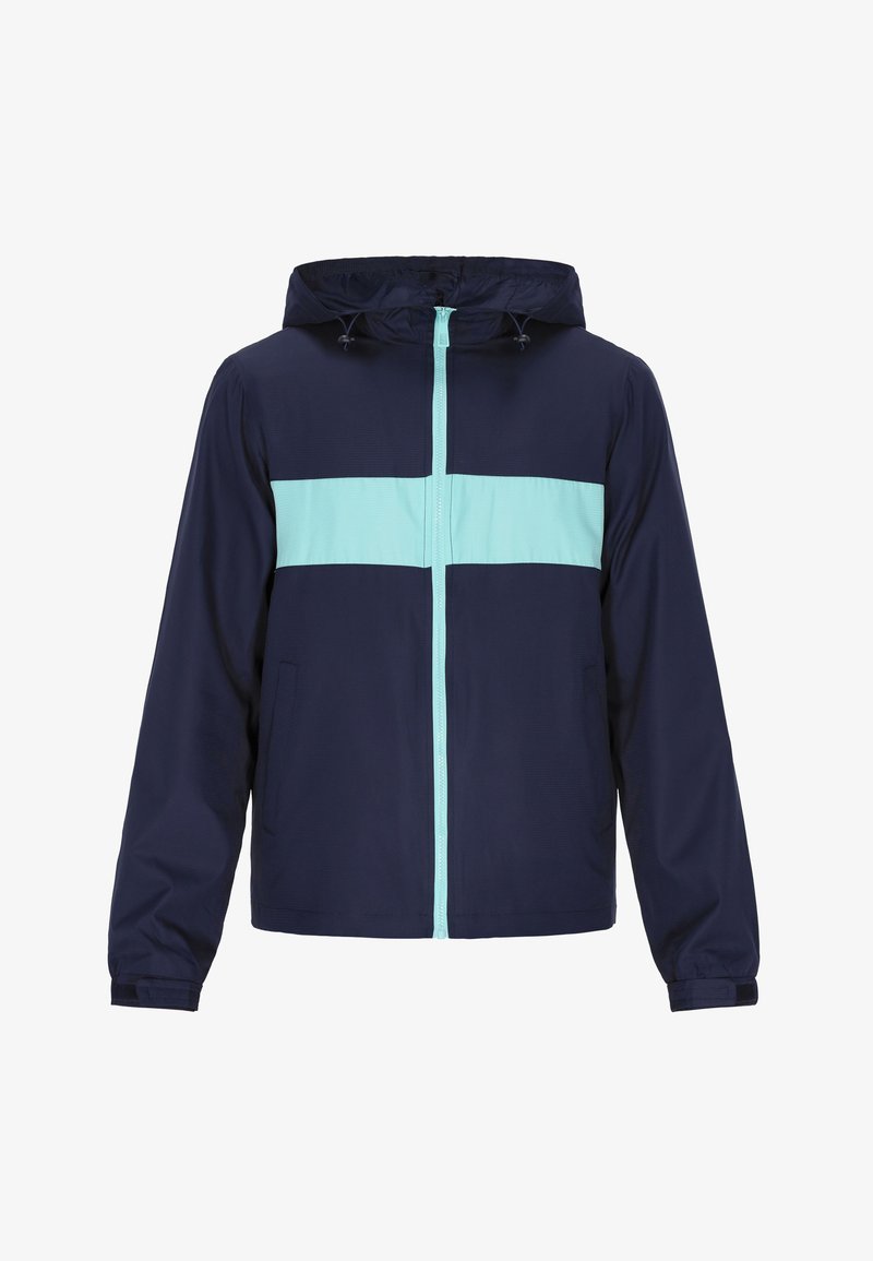 Marinblå vindjacka med en turkos horisontell rand, hel dragkedja framtill, justerbar huva och två sidofickor. Slät textur.