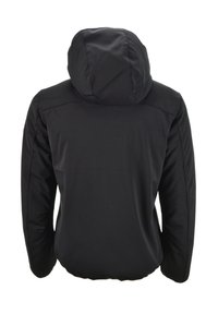 Giacca nera con cappuccio, dalla texture liscia, orlo elastico e senza chiusure o tasche visibili, caratterizzata da un design semplice e minimalista.